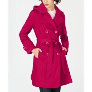 Anne Klein Fuchsia Double Breasted Hooded Trench Coat Large NWT